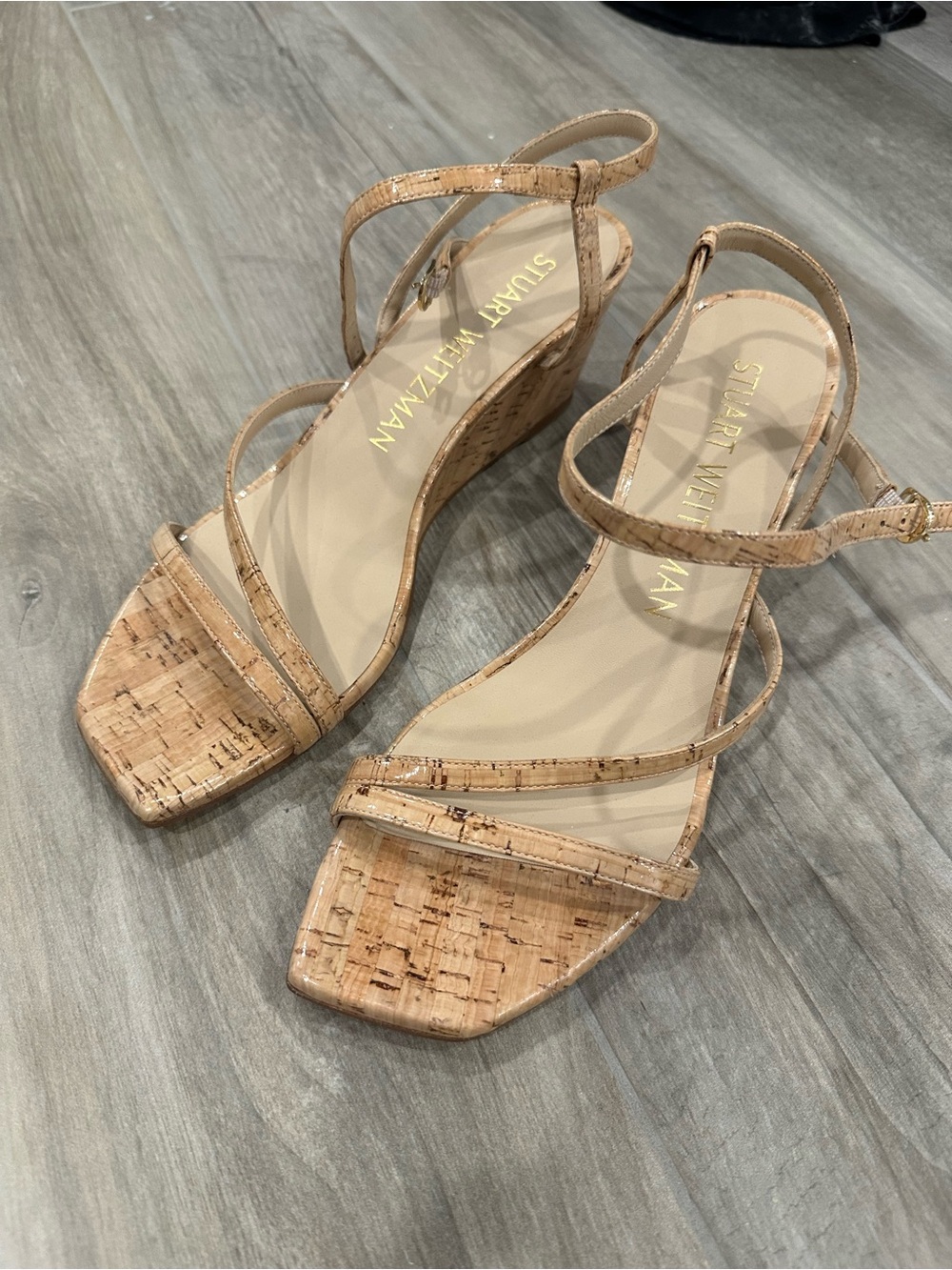 Stuart Weitzman Natural Cork Strappy Wedge Sandals